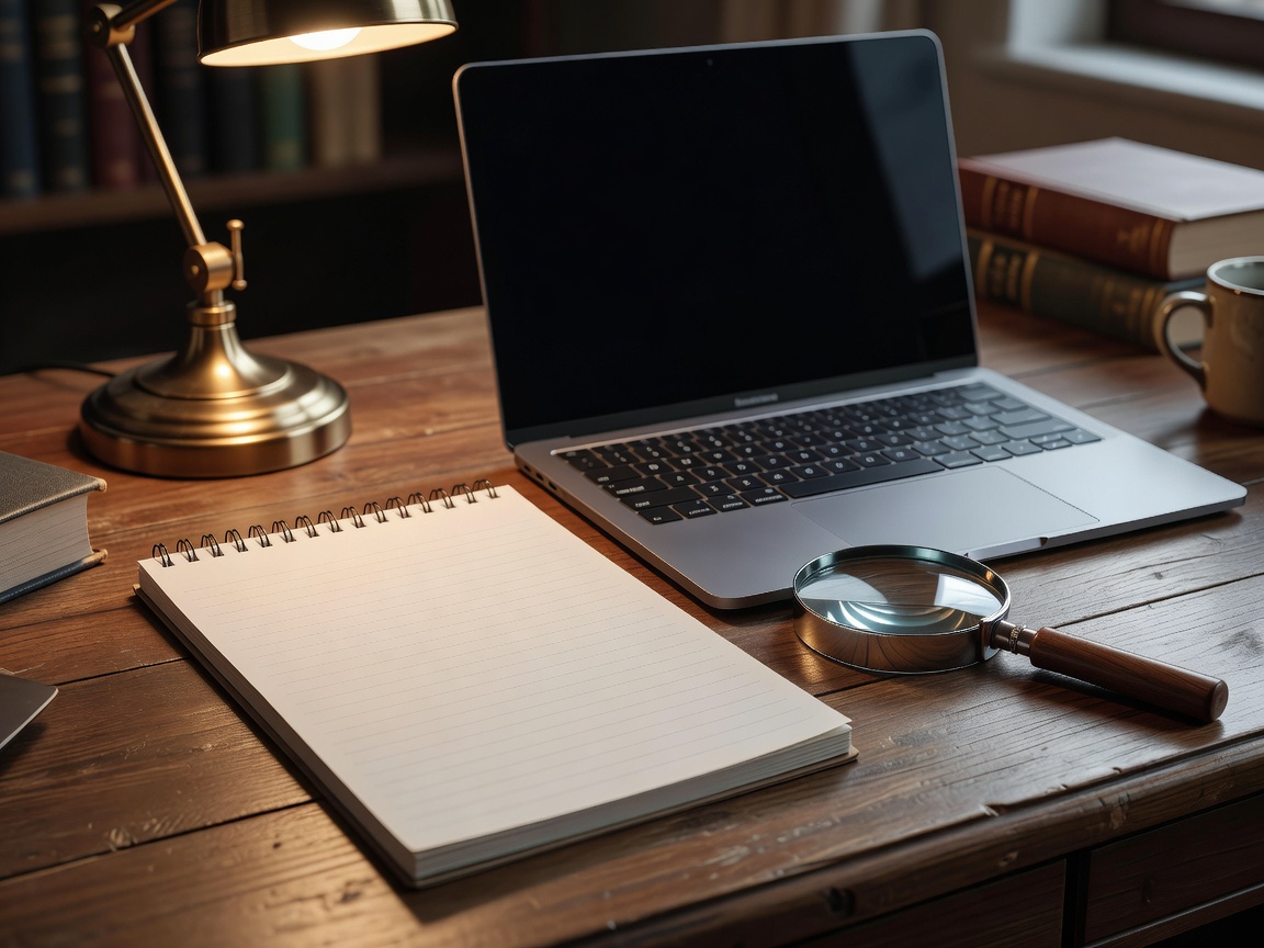 A desk with a notepad, laptop, and magnifying glass representing the editorial review process