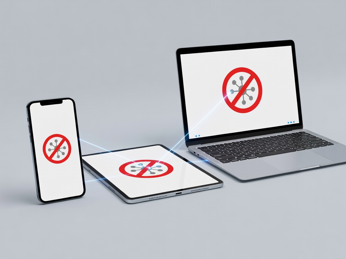 A smartphone, tablet, and laptop arranged to show cross-platform blocking compatibility